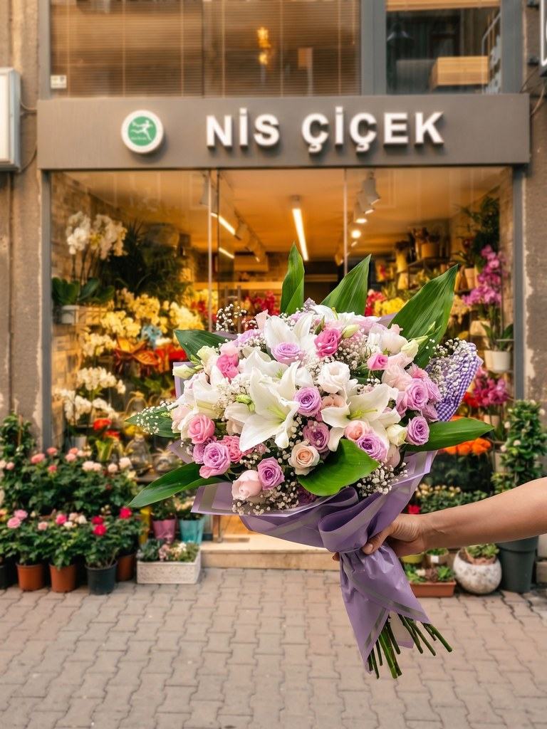 Mor Ambalajda Lüks Pudra Gül ve Beyaz Lilyum Buketi - Nis Çiçek Şişli