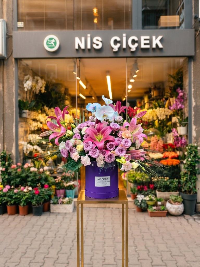 Mor Silindir Kutuda Canlı Dal Orkide ve Pembe Stargazer Lilyum - Nis Çiçek Şişli