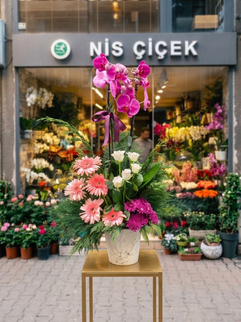 Mermer Desen Saksıda Fuşya Kelebek Orkide ve Pembe Gerberalar - Nis Çiçek Şişli
